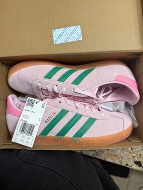 adidas Gazelle J Pink with Green Stripes and Gum Sole